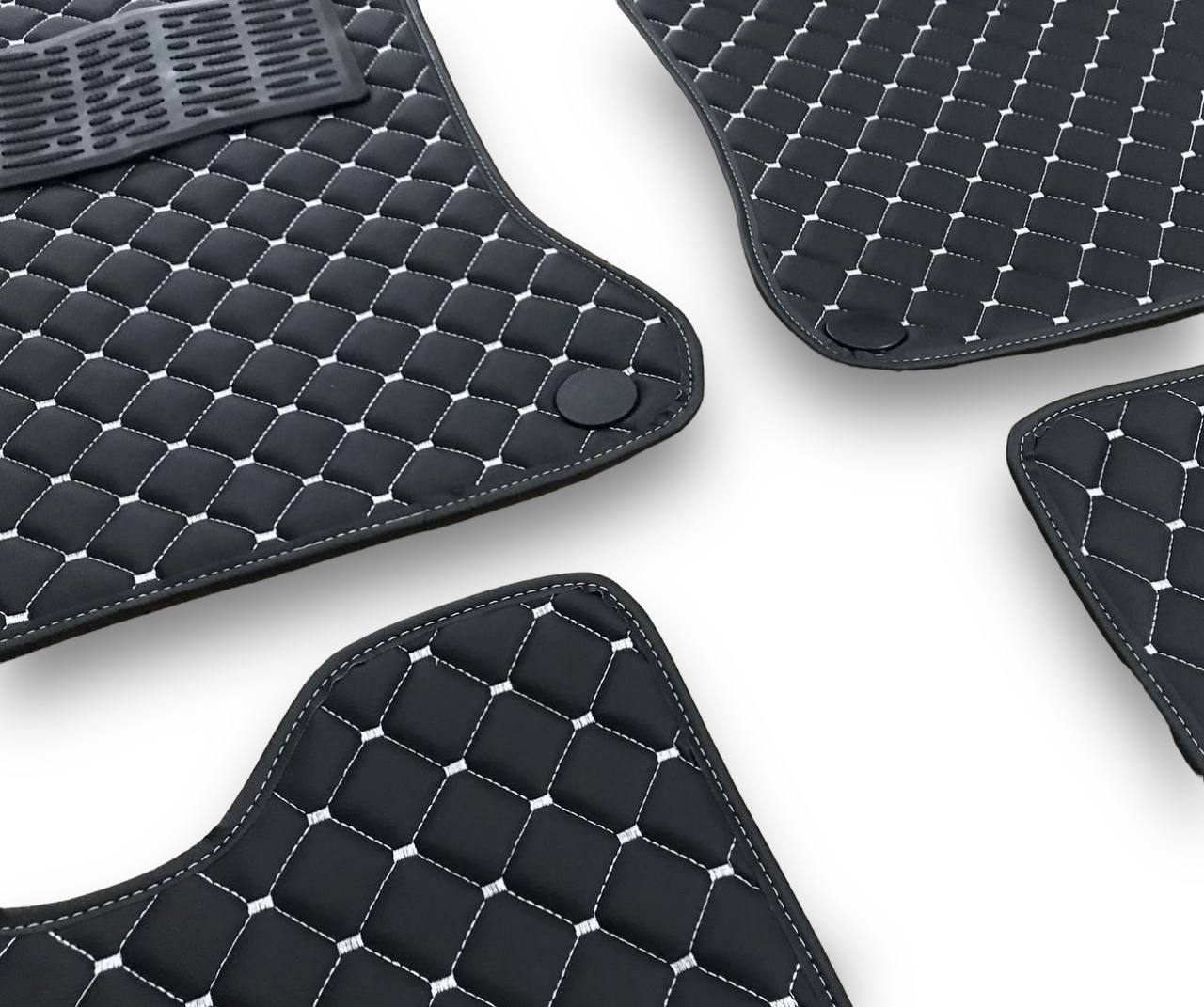 MERCEDES-BENZ Leather Luxury Car Floor Mats | Fits A-B-C-CL Series-E-EQ Series-S-SL Series-G-GL Series-ML-MAYBACH-R-AMG Models | Black Leather & White Stitch