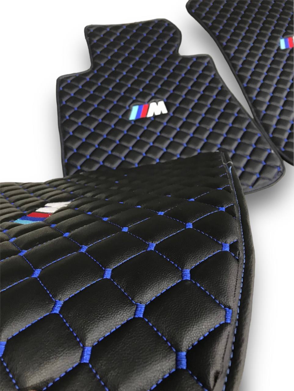 BMW Leather Luxury Car Floor Mats | Fits 1-2-3-4-5-6-7-8-M2-M3-M4-M5-M6-M8-X1-X2-X3-X4-X5-X6-X7-Z3-Z4-i3-i4-i5 Models | Black Leather & Blue Stitch