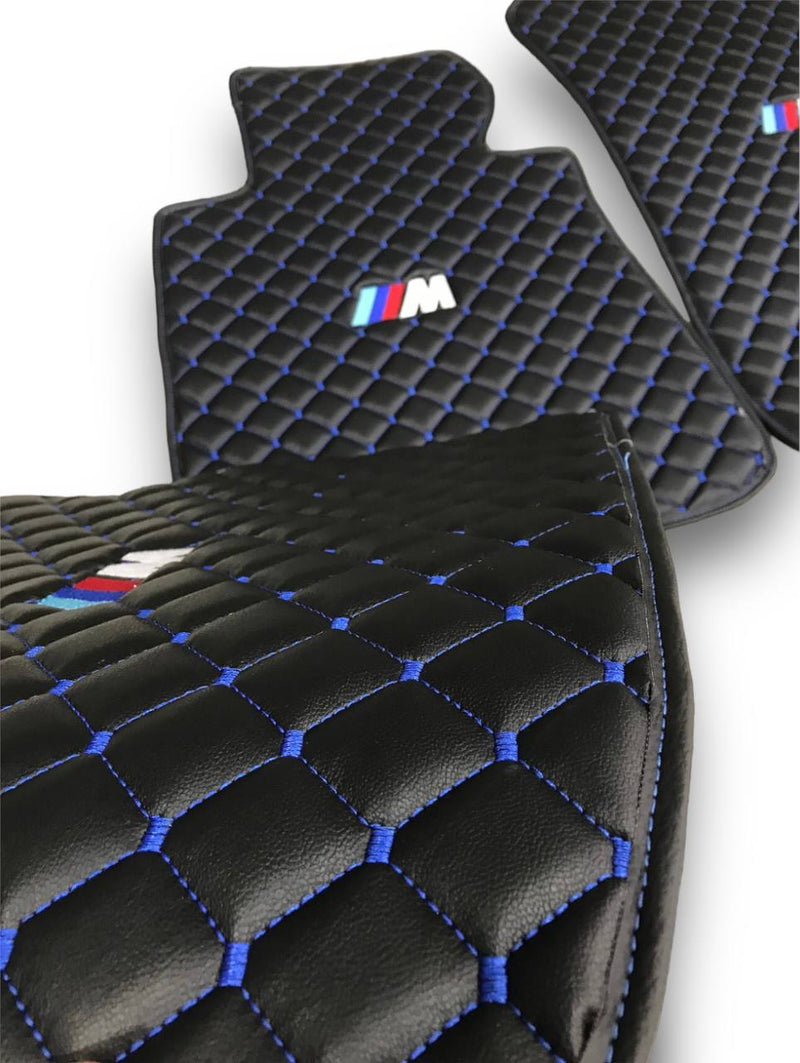 Luxury Leather Car Floor Mats Compatible With BMW | Fits 1, 2, 3, 4, 5, 6, 7, 8 Series, X1, X2, X3, X4, X5, X6, X7, XM, Z4, i4, i5, i7, iX, M2, M3, M4, M5, M8 & More | Black Leather & Blue Stitch