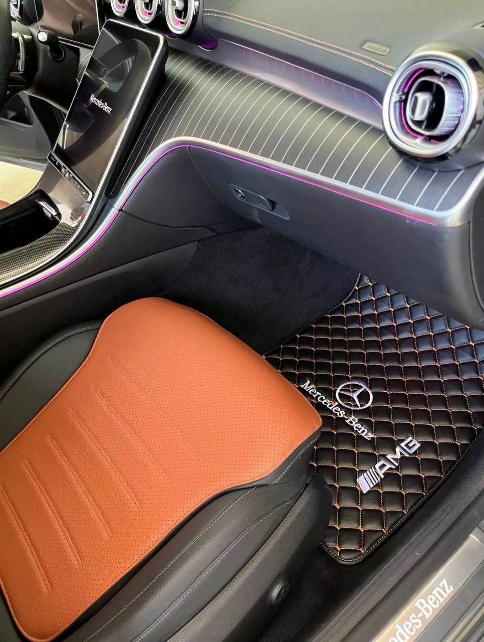 MERCEDES-BENZ Leather Luxury Car Floor Mats | Fits A-B-C-CL Series-E-EQ Series-S-SL Series-G-GL Series-ML-MAYBACH-R-AMG Models | Black Leather & Brown Stitch