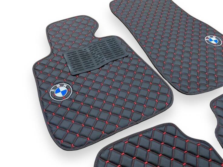 BMW Leather Luxury Car Floor Mats | Fits 1-2-3-4-5-6-7-8-M2-M3-M4-M5-M6-M8-X1-X2-X3-X4-X5-X6-X7-Z3-Z4-i3-i4-i5 Models | Black Leather & Red Stitch