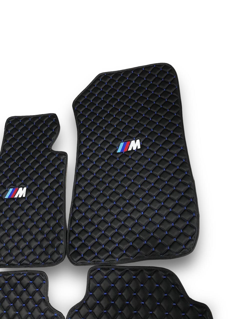 BMW Leather Luxury Car Floor Mats | Fits 1-2-3-4-5-6-7-8-M2-M3-M4-M5-M6-M8-X1-X2-X3-X4-X5-X6-X7-Z3-Z4-i3-i4-i5 Models | Black Leather & Blue Stitch
