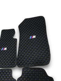 Luxury Leather Car Floor Mats Compatible With BMW | Fits 1, 2, 3, 4, 5, 6, 7, 8 Series, X1, X2, X3, X4, X5, X6, X7, XM, Z4, i4, i5, i7, iX, M2, M3, M4, M5, M8 & More | Black Leather & Blue Stitch