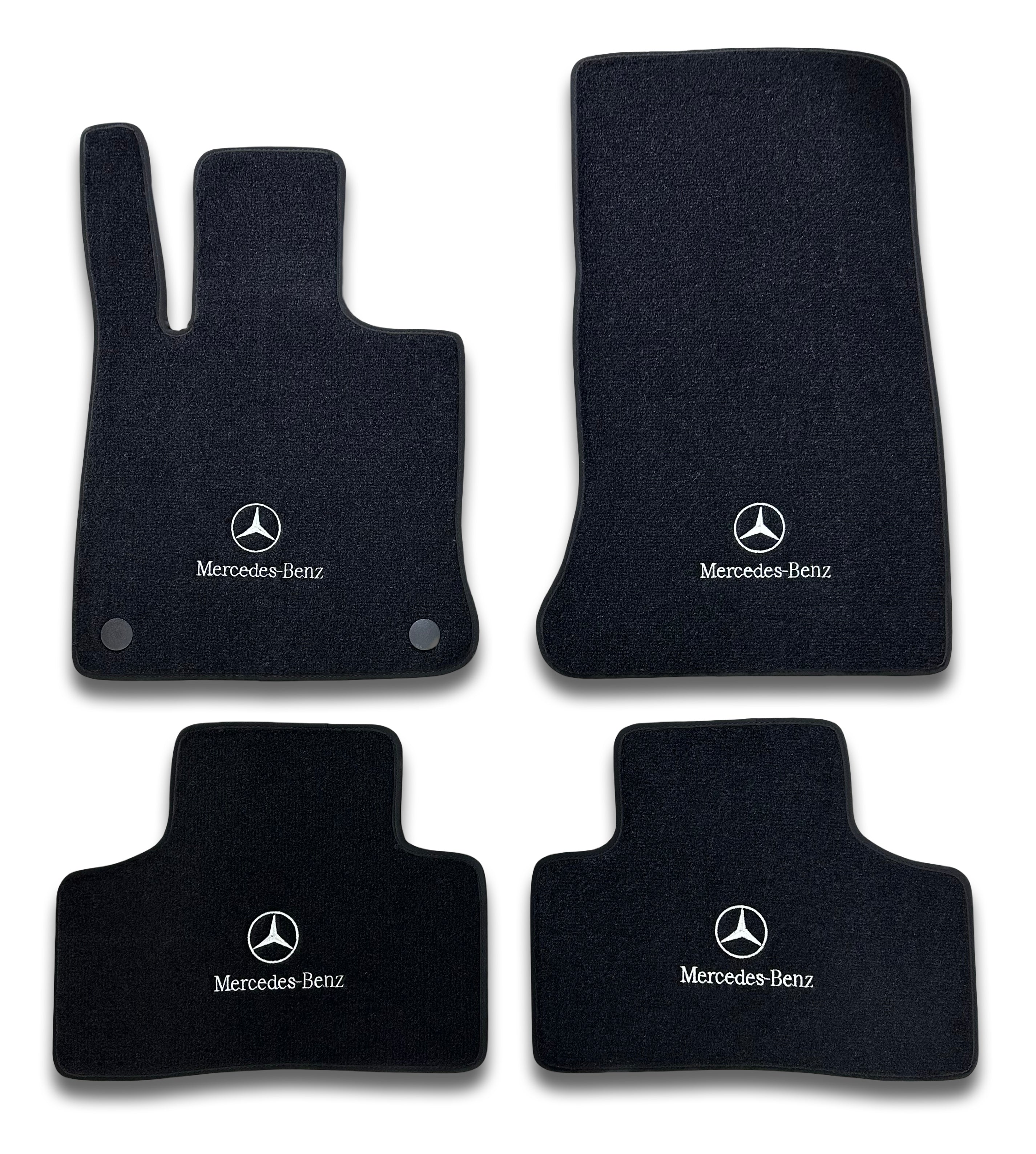 Alfombrillas de lujo de alfombra MERCEDES-BENZ | Compatibles con modelos de las series A-B-C-CL-E-EQ-S-SL-G-GL-ML-MAYBACH-R-AMG | Borde beige y logo