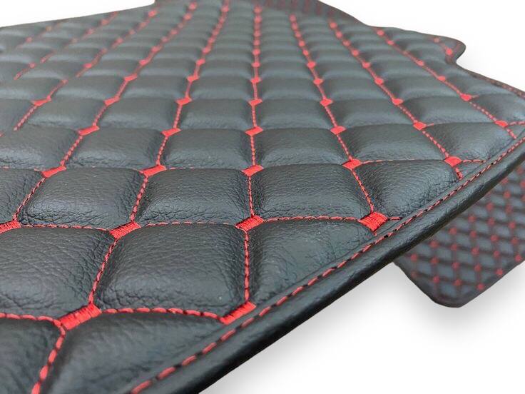 BMW Leather Luxury Car Floor Mats | Fits 1-2-3-4-5-6-7-8-M2-M3-M4-M5-M6-M8-X1-X2-X3-X4-X5-X6-X7-Z3-Z4-i3-i4-i5 Models | Black Leather & Red Stitch