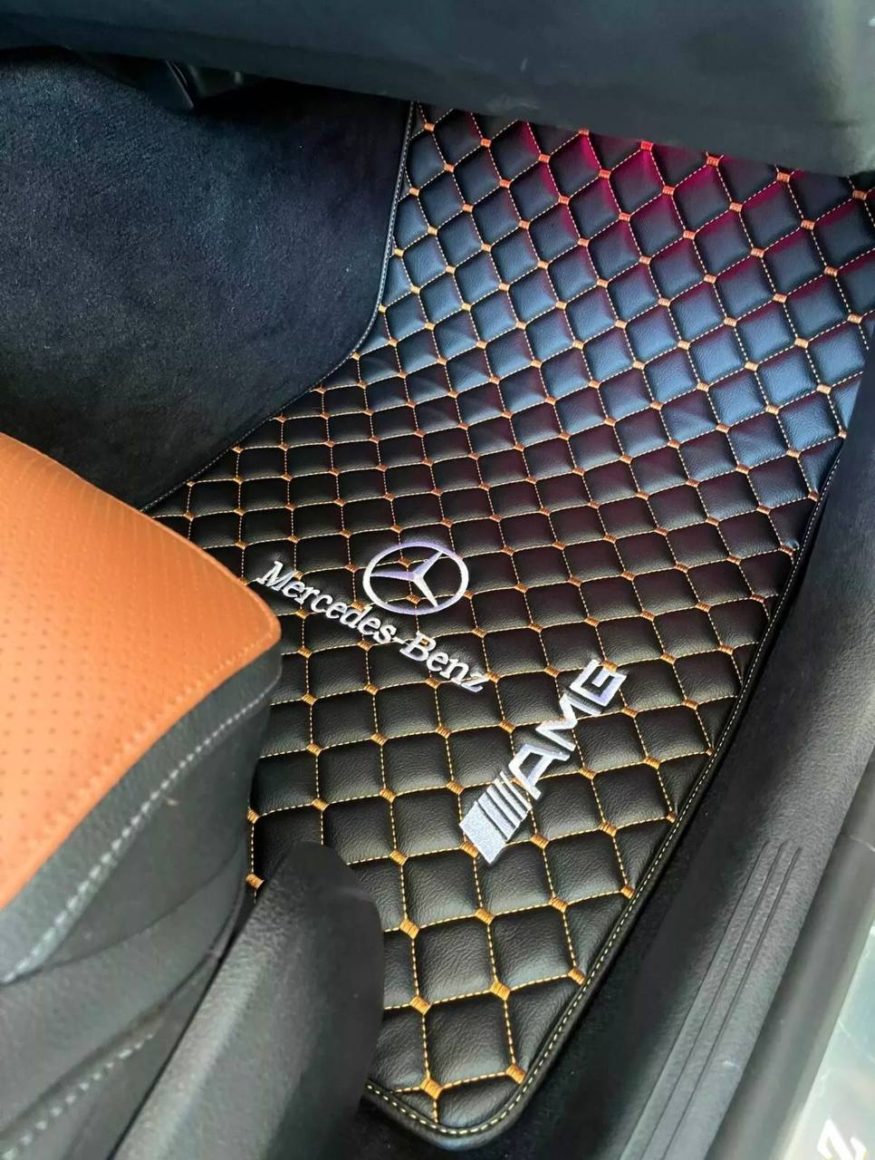 MERCEDES-BENZ Leather Luxury Car Floor Mats | Fits A-B-C-CL Series-E-EQ Series-S-SL Series-G-GL Series-ML-MAYBACH-R-AMG Models | Black Leather & Brown Stitch