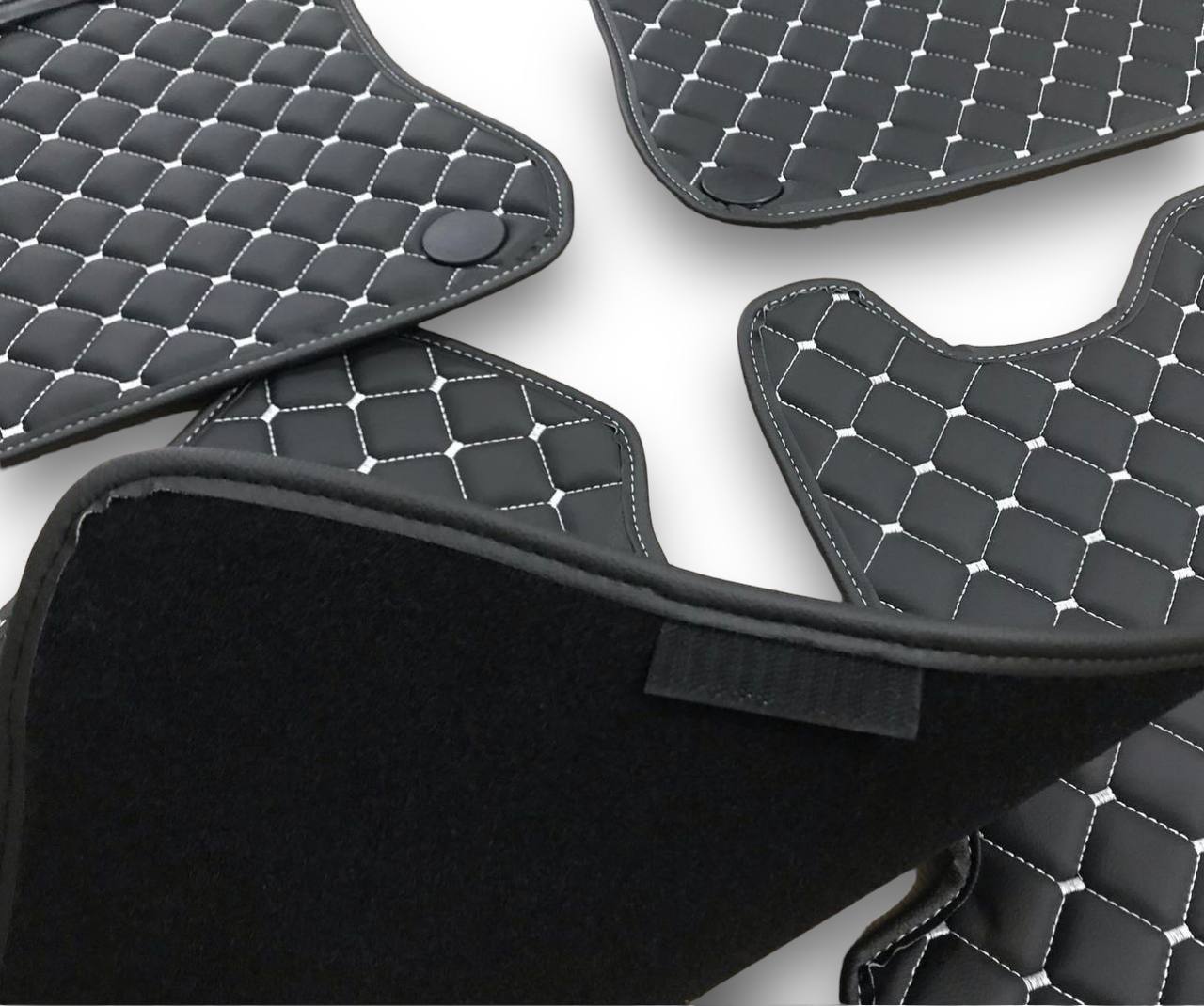 MERCEDES-BENZ Leather Luxury Car Floor Mats | Fits A-B-C-CL Series-E-EQ Series-S-SL Series-G-GL Series-ML-MAYBACH-R-AMG Models | Black Leather & White Stitch