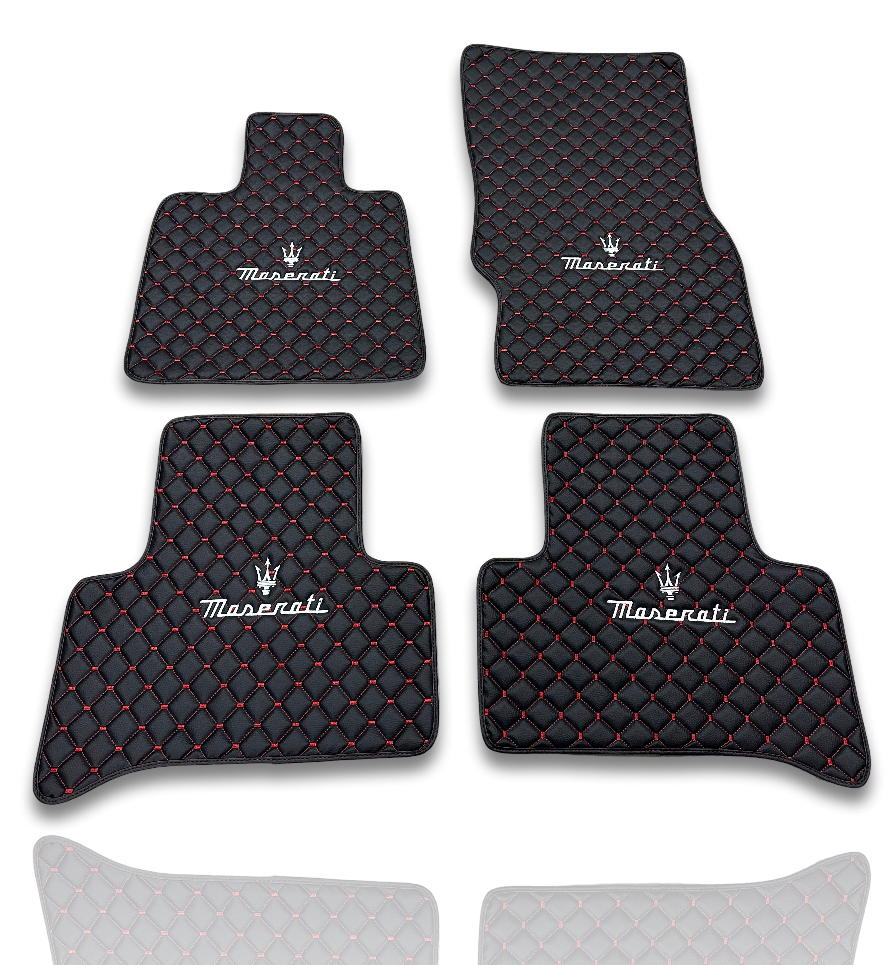 Alfombrillas de cuero de lujo para coche compatibles con Maserati | Para modelos Ghibli-Quattroporte-GranCabrio-GranTurismo-Levante-Grecale-MC20 | Cuero negro con costura roja y borde rojo