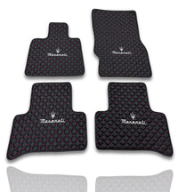 Luxury Leather Car Floor Mats Compatible With Maserati | Fits Ghibli, Quattroporte, GranTurismo, GranCabrio, Levante, Grecale, MC20, MCPURA, 4200 GT & More | Black Leather & Red Stitch
