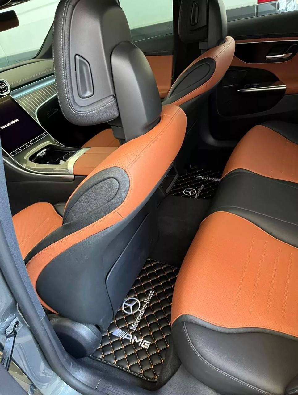 MERCEDES-BENZ Leather Luxury Car Floor Mats | Fits A-B-C-CL Series-E-EQ Series-S-SL Series-G-GL Series-ML-MAYBACH-R-AMG Models | Black Leather & Brown Stitch