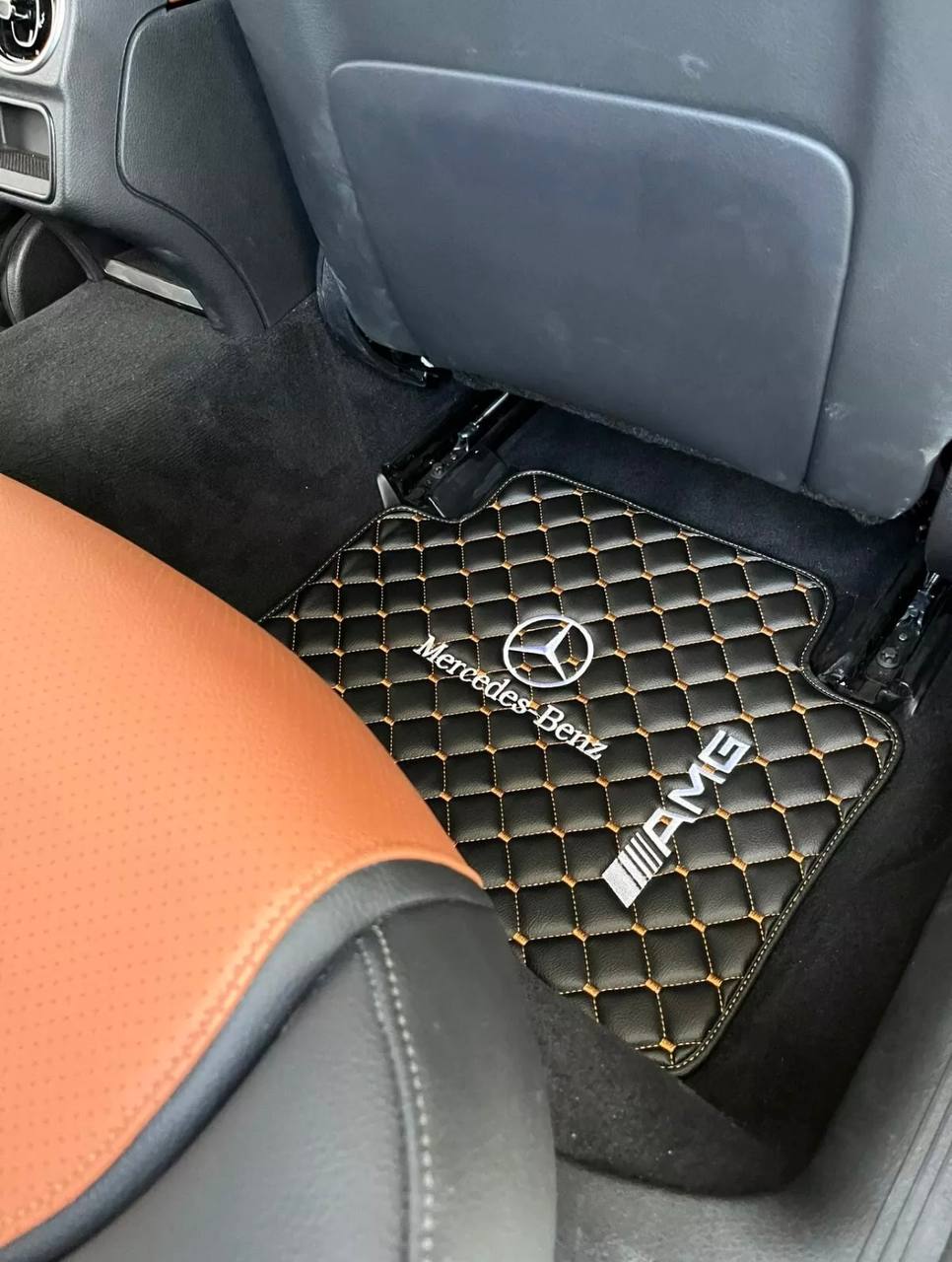 MERCEDES-BENZ Leather Luxury Car Floor Mats | Fits A-B-C-CL Series-E-EQ Series-S-SL Series-G-GL Series-ML-MAYBACH-R-AMG Models | Black Leather & Brown Stitch