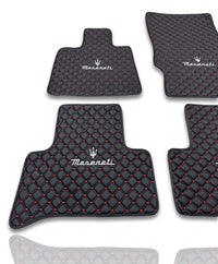 Luxury Leather Car Floor Mats Compatible With Maserati | Fits Ghibli, Quattroporte, GranTurismo, GranCabrio, Levante, Grecale, MC20, MCPURA, 4200 GT & More | Black Leather & Red Stitch