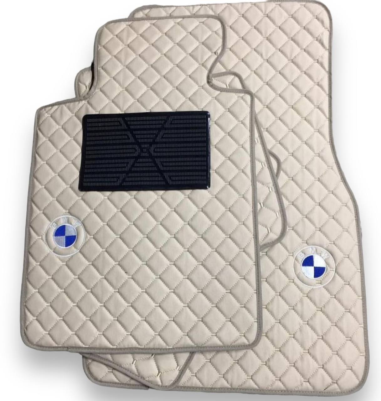 BMW Leather Luxury Car Floor Mats | Fits 1-2-3-4-5-6-7-8-M2-M3-M4-M5-M6-M8-X1-X2-X3-X4-X5-X6-X7-Z3-Z4-i3-i4-i5 Models | Beige Leather & Beige Stitch