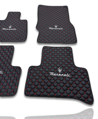 Luxury Leather Car Floor Mats Compatible With Maserati | Fits Ghibli, Quattroporte, GranTurismo, GranCabrio, Levante, Grecale, MC20, MCPURA, 4200 GT & More | Black Leather & Red Stitch