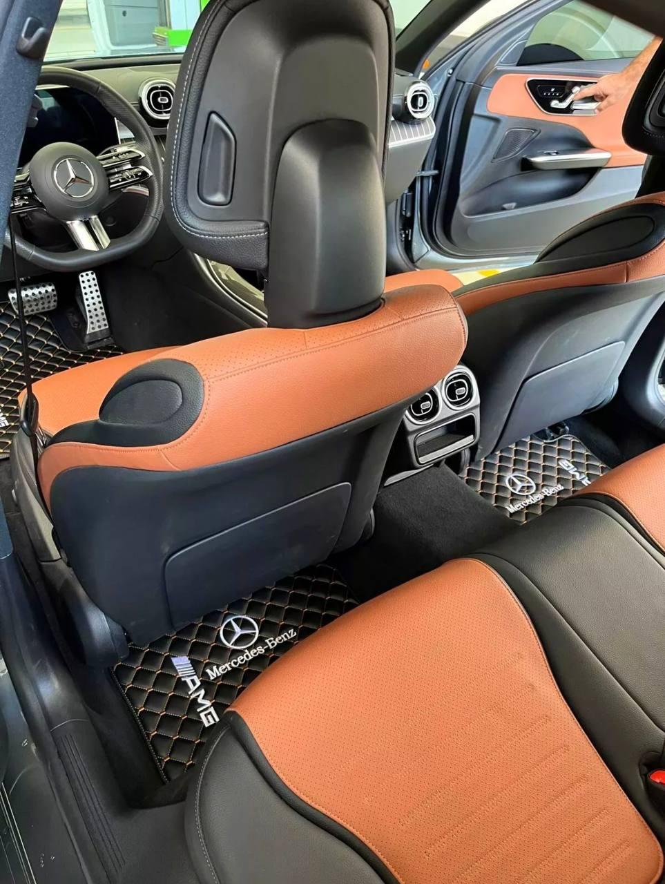 MERCEDES-BENZ Leather Luxury Car Floor Mats | Fits A-B-C-CL Series-E-EQ Series-S-SL Series-G-GL Series-ML-MAYBACH-R-AMG Models | Black Leather & Brown Stitch