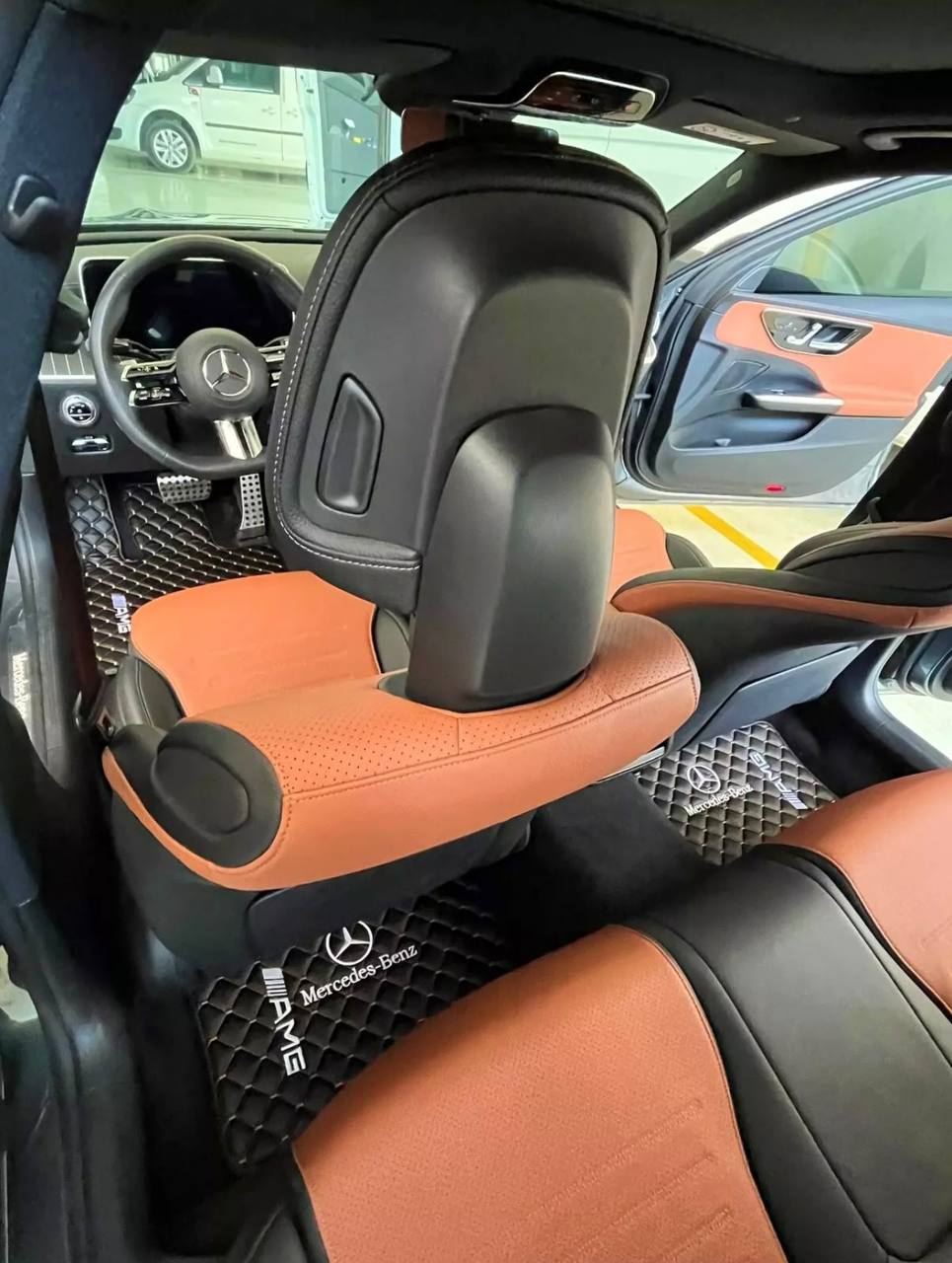 MERCEDES-BENZ Leather Luxury Car Floor Mats | Fits A-B-C-CL Series-E-EQ Series-S-SL Series-G-GL Series-ML-MAYBACH-R-AMG Models | Black Leather & Brown Stitch