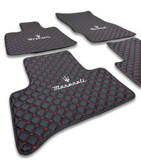 Luxury Leather Car Floor Mats Compatible With Maserati | Fits Ghibli, Quattroporte, GranTurismo, GranCabrio, Levante, Grecale, MC20, MCPURA, 4200 GT & More | Black Leather & Red Stitch