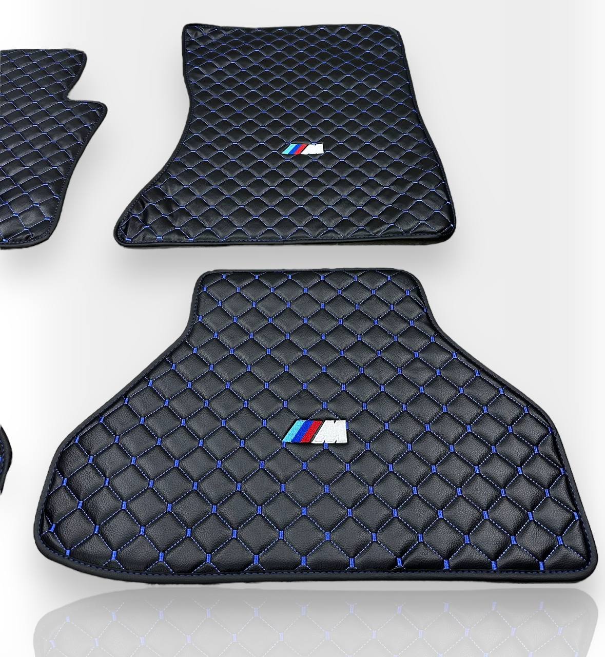 BMW Leather Luxury Car Floor Mats | Fits 1-2-3-4-5-6-7-8-M2-M3-M4-M5-M6-M8-X1-X2-X3-X4-X5-X6-X7-Z3-Z4-i3-i4-i5 Models | Black Leather & Red Stitch
