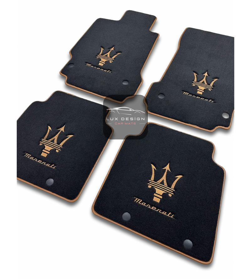 Luxury Carpet Car Floor Mats Compatible With Maserati | Fits Ghibli, Quattroporte, GranTurismo, GranCabrio, Levante, Grecale, MC20, MCPURA, 4200 GT & More | Brown Edging