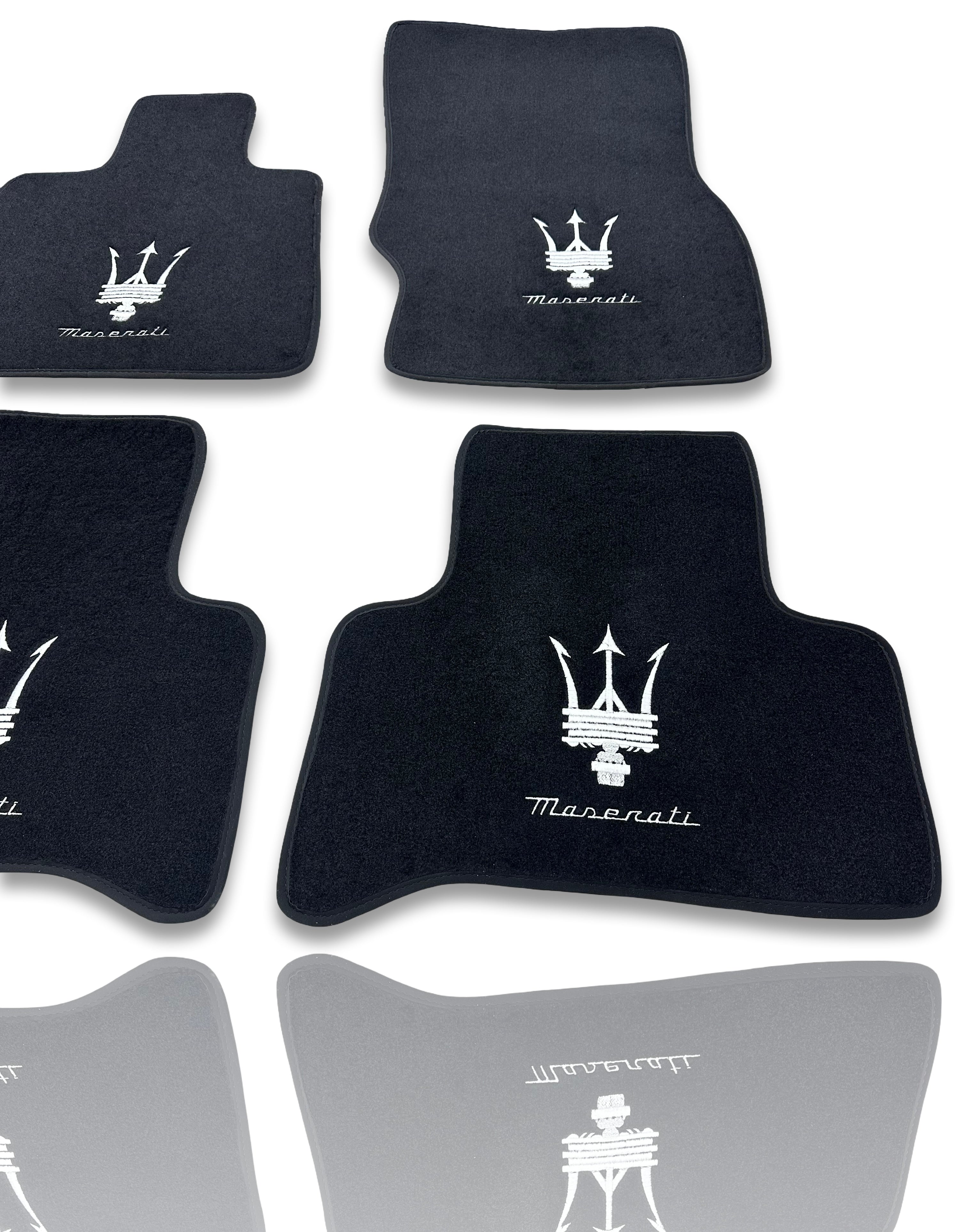 Luxury Carpet Car Floor Mats Compatible With Maserati | Fits Ghibli-Quattroporte-GranCabrio-GranTurismo-Levante-Grecale-MC20 Models | Black Leather & Red Stitch