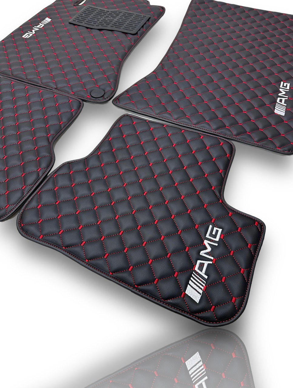 MERCEDES-BENZ Leather Luxury Car Floor Mats | Fits A-B-C-CL Series-E-EQ Series-S-SL Series-G-GL Series-ML-MAYBACH-R-AMG Models | Black Leather & Red Stitch
