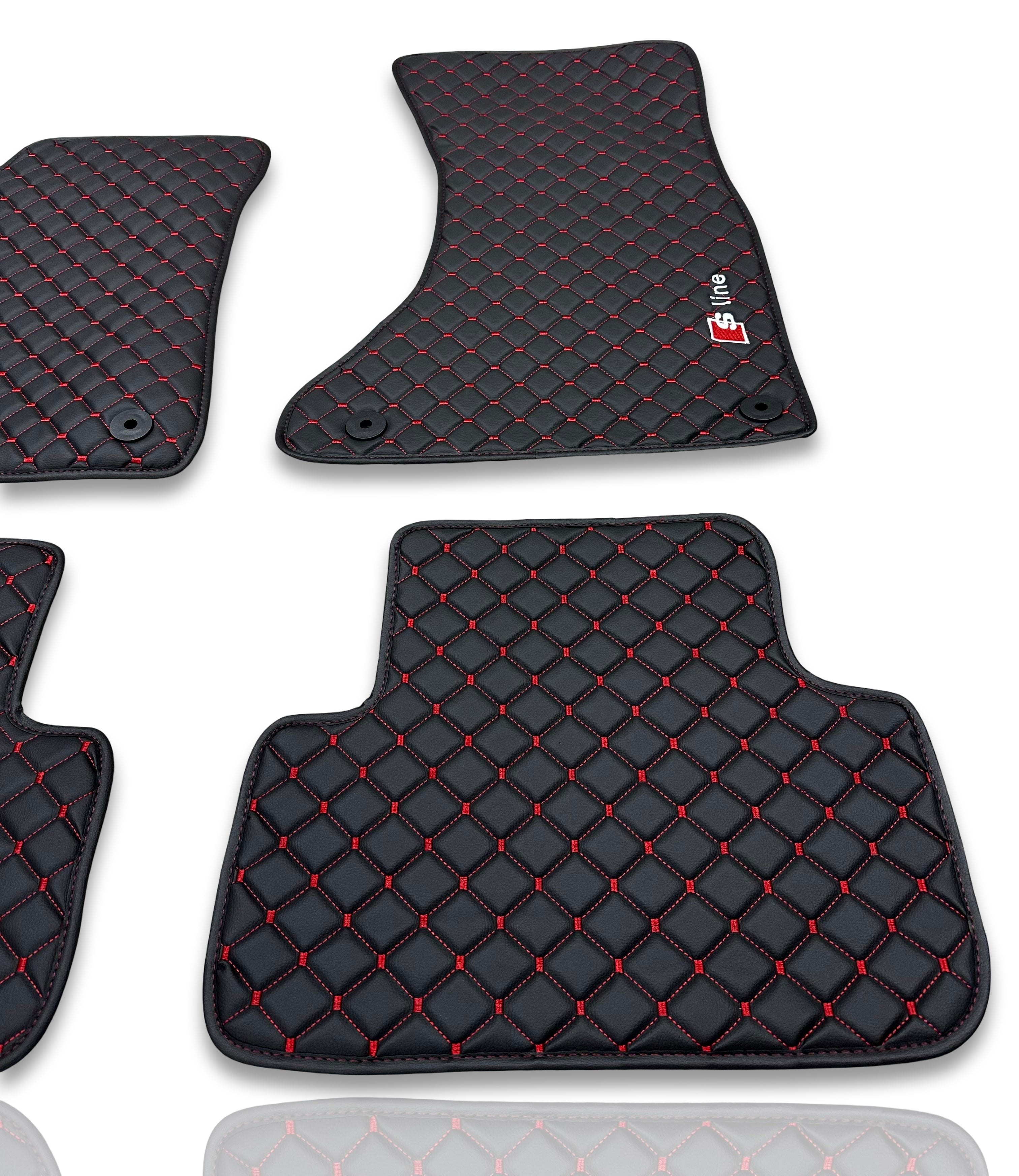 AUDİ Leather Luxury Car Floor Mats | Fits A1-A3-A4-A5-A6-A7-A8-Q2-Q3-Q4-Q5-Q7-Q8-S-RS-TT-R8-E Tron Models | Black Leather & Red Stitch