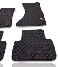 Luxe leren automatten compatibel met AUDI-modellen | Geschikt voor A1, A2, A3, A4, A5, A6, A7, A8, Q2, Q3, Q4 e-tron, Q5, Q6 e-tron, Q7, Q8, Q8 e-tron, e-tron GT, TT, R8, Allroad, S- en RS-modellen | Zwart leer en rode stiksels