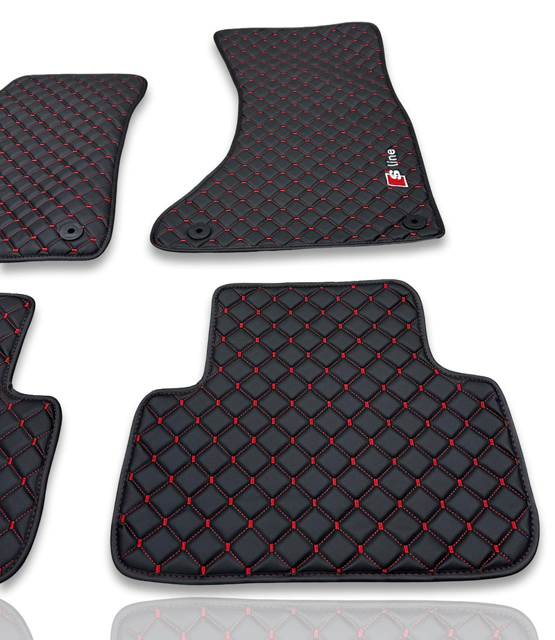 Luxe leren automatten compatibel met AUDI-modellen | Geschikt voor A1, A2, A3, A4, A5, A6, A7, A8, Q2, Q3, Q4 e-tron, Q5, Q6 e-tron, Q7, Q8, Q8 e-tron, e-tron GT, TT, R8, Allroad, S- en RS-modellen | Zwart leer en rode stiksels