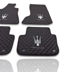 Luxury Leather Car Floor Mats Compatible With Maserati | Fits Ghibli, Quattroporte, GranTurismo, GranCabrio, Levante, Grecale, MC20, MCPURA, 4200 GT & More | Black Leather & Red Stitch