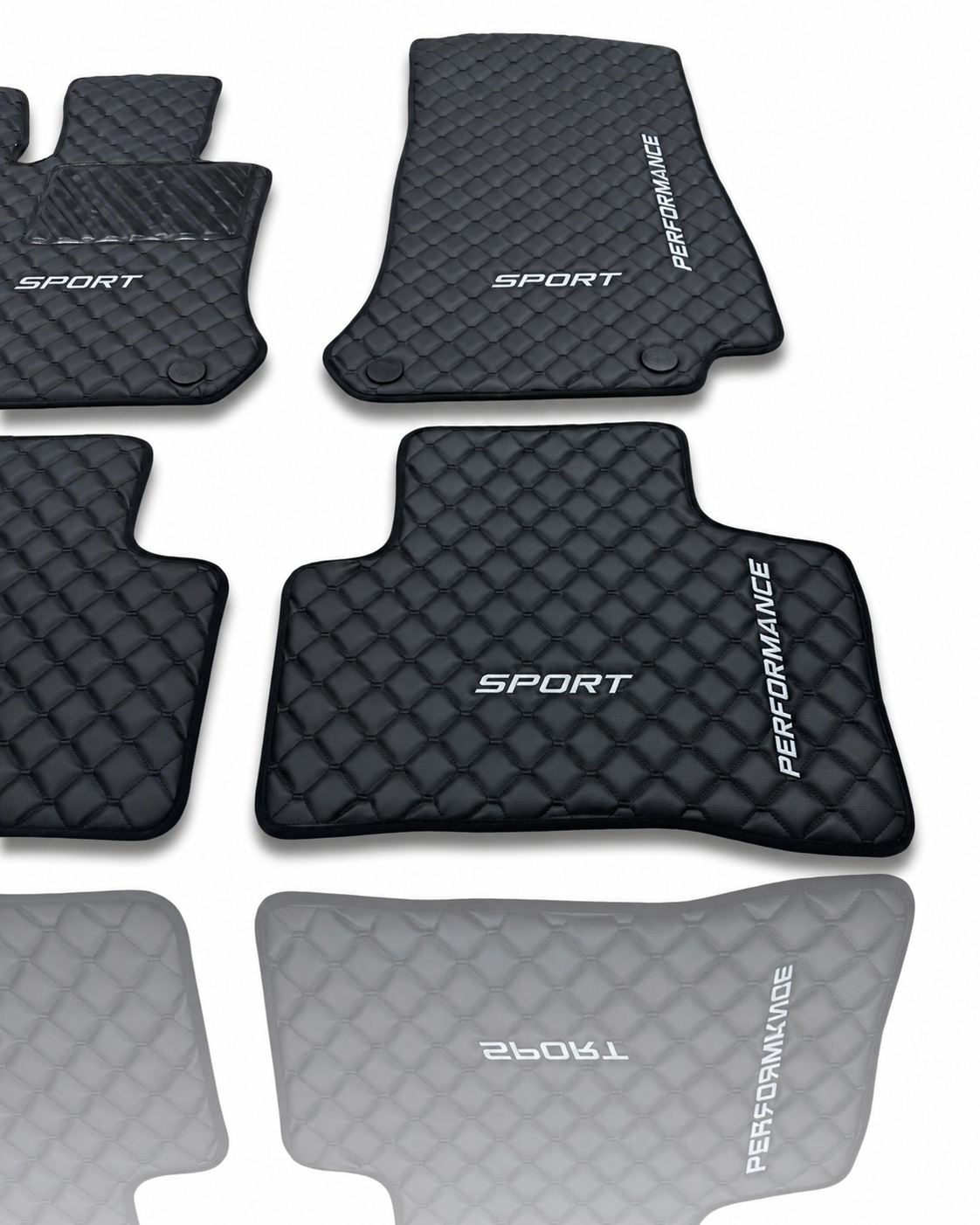 Luxus-Leder-Fußmatten fürs Auto, passend für MERCEDES-BENZ | Für die Modelle A, B, C, CLA, CLE, CLS, E, EQ, G, GLA, GLB, GLC, GLE, GLS, S, SL, SLC sowie AMG-/Maybach-Modelle | Schwarzes Leder & schwarze Nähte