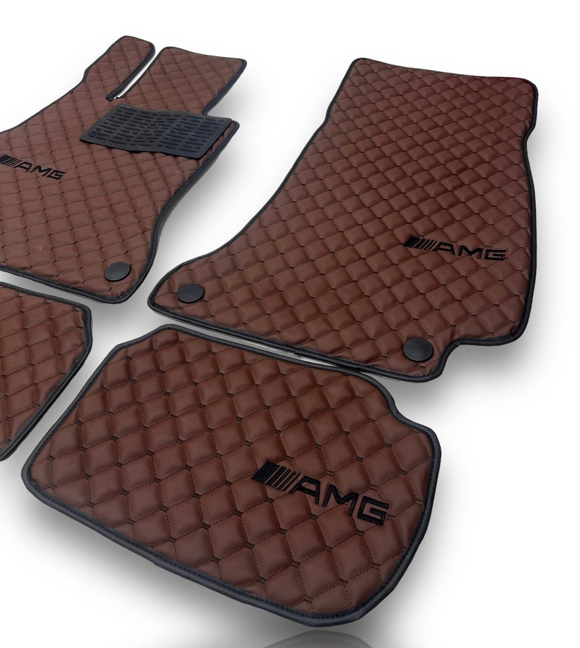 MERCEDES-BENZ Leather Luxury Car Floor Mats | Fits A-B-C-CL Series-E-EQ Series-S-SL Series-G-GL Series-ML-MAYBACH-R-AMG Models | Brown Leather & Brown Stitch