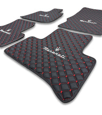 Luxury Leather Car Floor Mats Compatible With Maserati | Fits Ghibli, Quattroporte, GranTurismo, GranCabrio, Levante, Grecale, MC20, MCPURA, 4200 GT & More | Black Leather & Red Stitch
