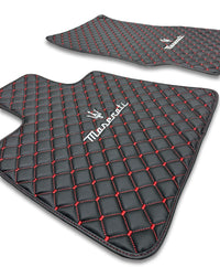 Luxury Leather Car Floor Mats Compatible With Maserati | Fits Ghibli, Quattroporte, GranTurismo, GranCabrio, Levante, Grecale, MC20, MCPURA, 4200 GT & More | Black Leather & Red Stitch