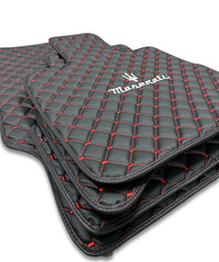 Luxury Leather Car Floor Mats Compatible With Maserati | Fits Ghibli, Quattroporte, GranTurismo, GranCabrio, Levante, Grecale, MC20, MCPURA, 4200 GT & More | Black Leather & Red Stitch