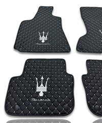 Luxury Leather Car Floor Mats Compatible With Maserati | Fits Ghibli, Quattroporte, GranTurismo, GranCabrio, Levante, Grecale, MC20, MCPURA, 4200 GT & More | Black Leather & White Stitch
