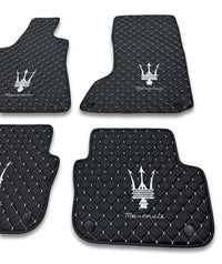 Luxury Leather Car Floor Mats Compatible With Maserati | Fits Ghibli, Quattroporte, GranTurismo, GranCabrio, Levante, Grecale, MC20, MCPURA, 4200 GT & More | Black Leather & White Stitch