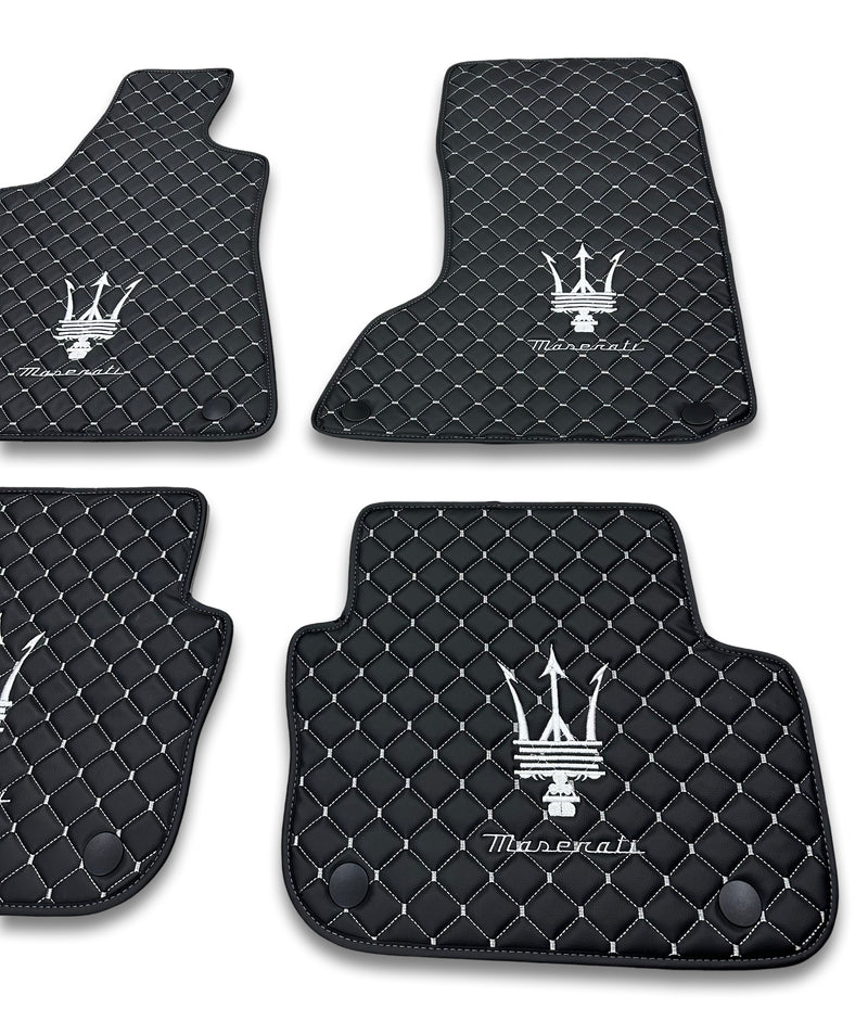 Luxury Leather Car Floor Mats Compatible With Maserati | Fits Ghibli, Quattroporte, GranTurismo, GranCabrio, Levante, Grecale, MC20, MCPURA, 4200 GT & More | Black Leather & White Stitch