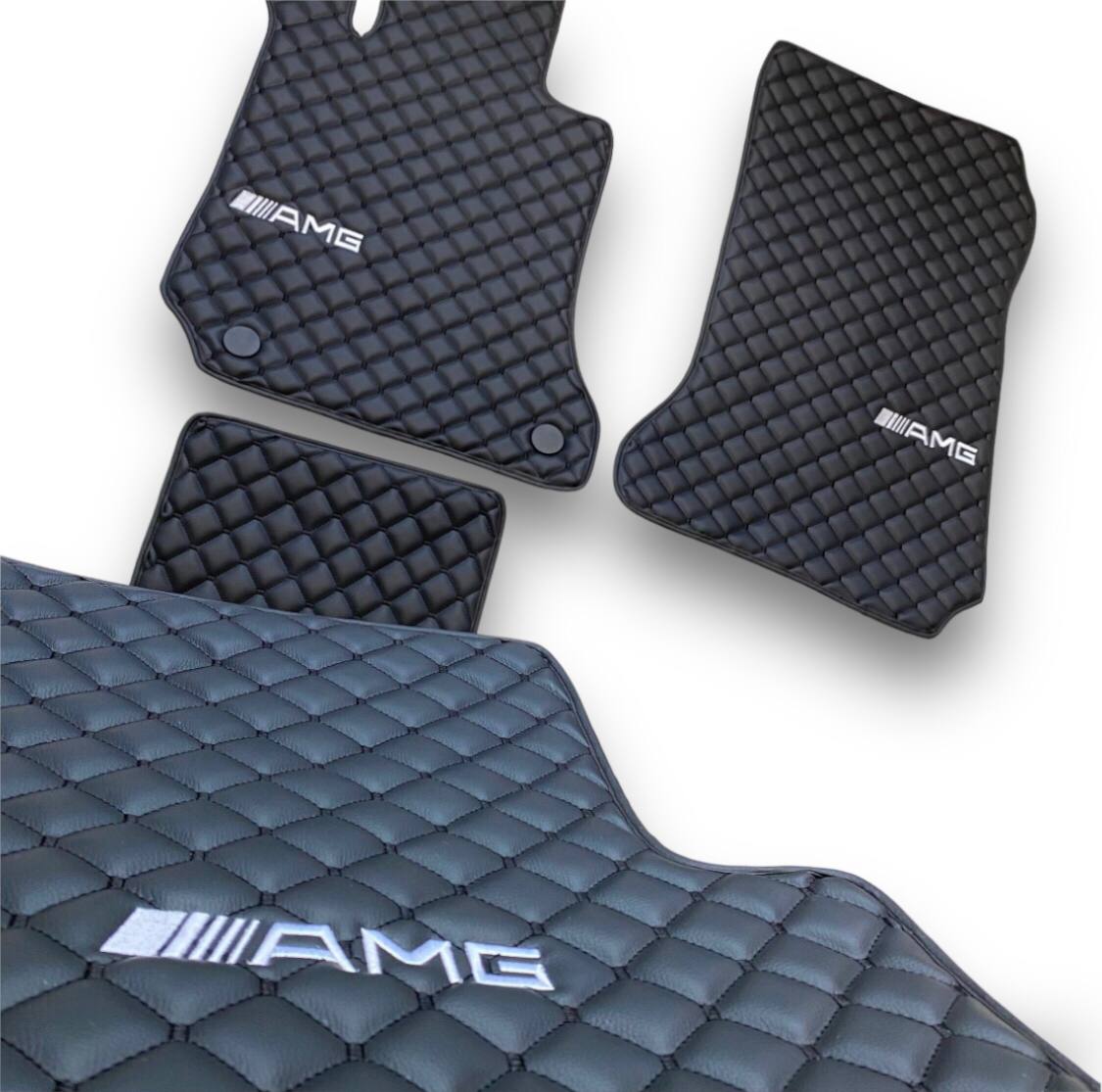 MERCEDES-BENZ Leather Luxury Car Floor Mats | Fits A-B-C-CL Series-E-EQ Series-S-SL Series-G-GL Series-ML-MAYBACH-R-AMG Models | Black Leather & Black Stitch