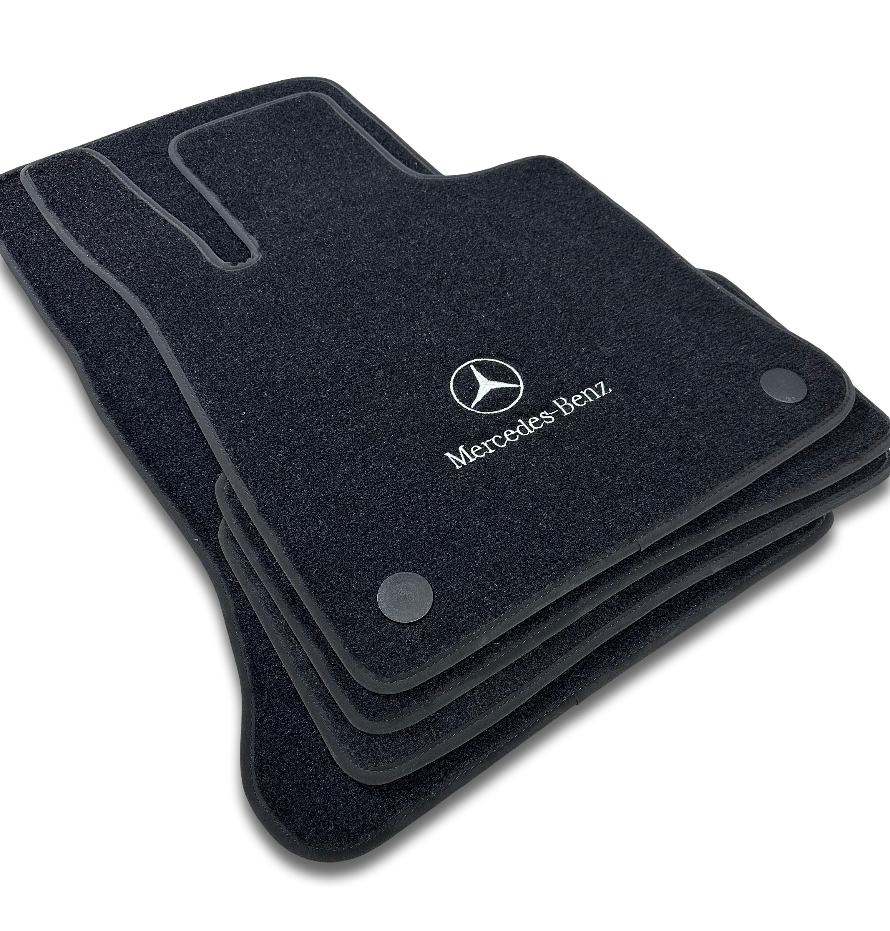 Alfombrillas de lujo de alfombra MERCEDES-BENZ | Compatibles con modelos de las series A-B-C-CL-E-EQ-S-SL-G-GL-ML-MAYBACH-R-AMG | Borde beige y logo