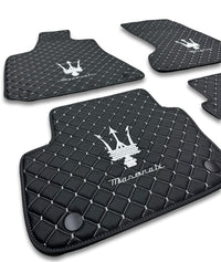 Luxury Leather Car Floor Mats Compatible With Maserati | Fits Ghibli, Quattroporte, GranTurismo, GranCabrio, Levante, Grecale, MC20, MCPURA, 4200 GT & More | Black Leather & White Stitch