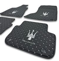 Luxury Leather Car Floor Mats Compatible With Maserati | Fits Ghibli, Quattroporte, GranTurismo, GranCabrio, Levante, Grecale, MC20, MCPURA, 4200 GT & More | Black Leather & White Stitch