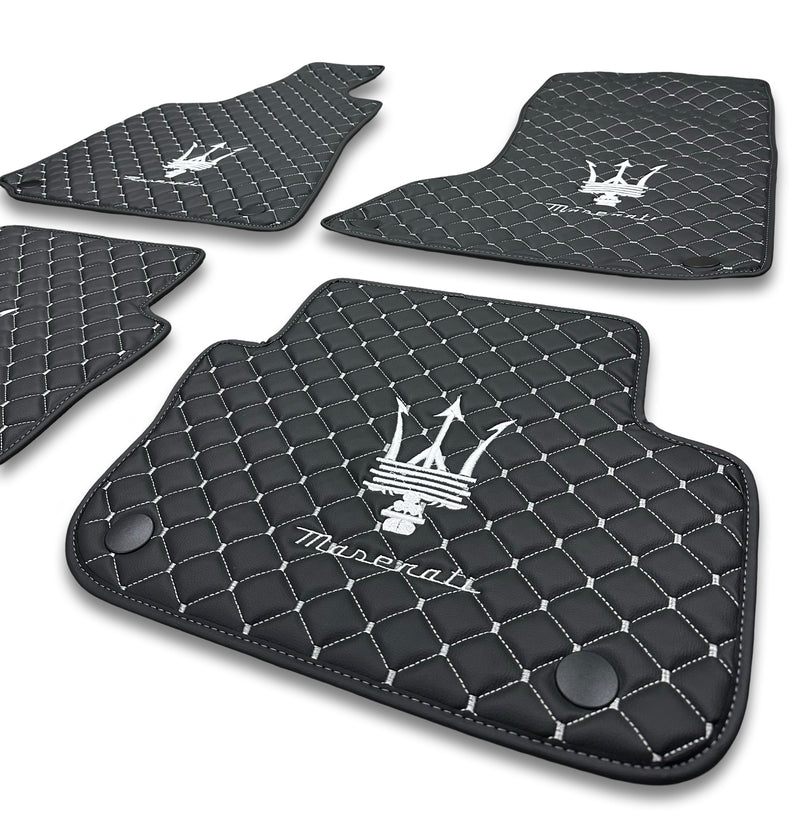 Luxury Leather Car Floor Mats Compatible With Maserati | Fits Ghibli, Quattroporte, GranTurismo, GranCabrio, Levante, Grecale, MC20, MCPURA, 4200 GT & More | Black Leather & White Stitch