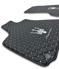Luxury Leather Car Floor Mats Compatible With Maserati | Fits Ghibli, Quattroporte, GranTurismo, GranCabrio, Levante, Grecale, MC20, MCPURA, 4200 GT & More | Black Leather & White Stitch