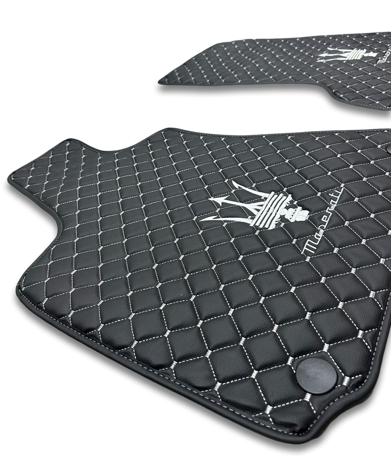 Luxury Leather Car Floor Mats Compatible With Maserati | Fits Ghibli, Quattroporte, GranTurismo, GranCabrio, Levante, Grecale, MC20, MCPURA, 4200 GT & More | Black Leather & White Stitch