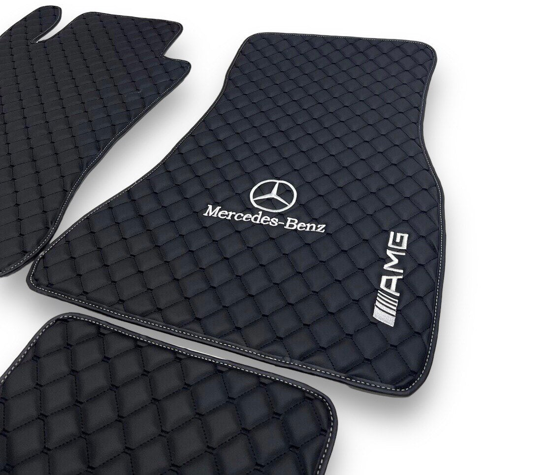 MERCEDES-BENZ Leather Luxury Car Floor Mats | Fits A-B-C-CL Series-E-EQ Series-S-SL Series-G-GL Series-ML-MAYBACH-R-AMG Models | Black Leather & Black Stitch
