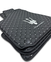 Luxury Leather Car Floor Mats Compatible With Maserati | Fits Ghibli, Quattroporte, GranTurismo, GranCabrio, Levante, Grecale, MC20, MCPURA, 4200 GT & More | Black Leather & White Stitch