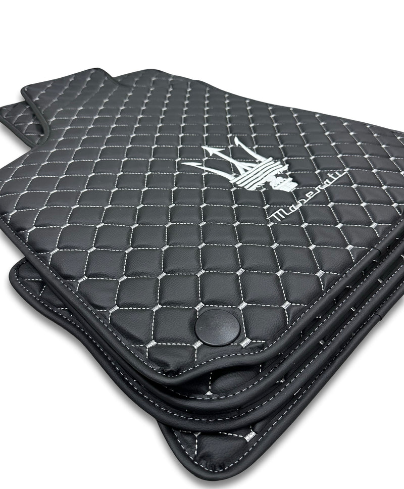 Luxury Leather Car Floor Mats Compatible With Maserati | Fits Ghibli, Quattroporte, GranTurismo, GranCabrio, Levante, Grecale, MC20, MCPURA, 4200 GT & More | Black Leather & White Stitch