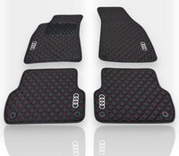 Luxe leren automatten compatibel met AUDI-modellen | Geschikt voor A1, A2, A3, A4, A5, A6, A7, A8, Q2, Q3, Q4 e-tron, Q5, Q6 e-tron, Q7, Q8, Q8 e-tron, e-tron GT, TT, R8, Allroad, S- en RS-modellen | Zwart leer en rode stiksels
