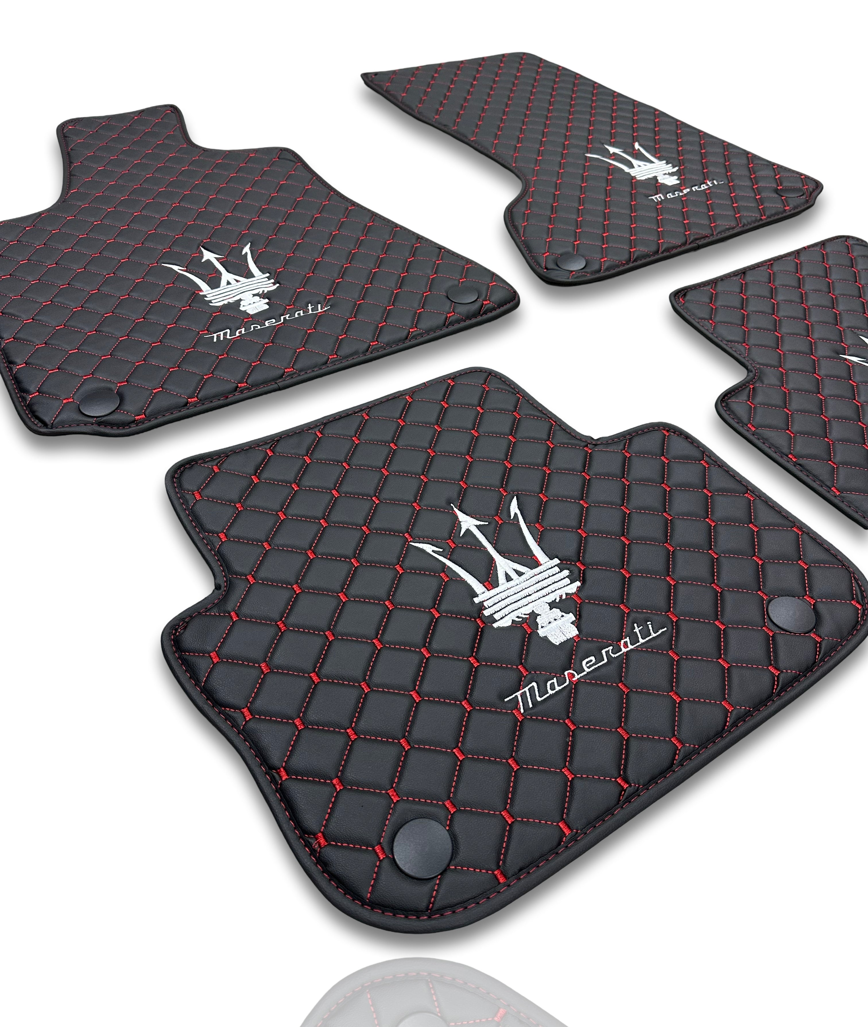 Luxury Leather Car Floor Mats Compatible With MASERATİ | Fits Ghibli-Quattroporte-GranCabrio-GranTurismo-Levante-Grecale-MC20 Models | Black Leather & Red Stitch