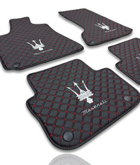 Luxury Leather Car Floor Mats Compatible With Maserati | Fits Ghibli, Quattroporte, GranTurismo, GranCabrio, Levante, Grecale, MC20, MCPURA, 4200 GT & More | Black Leather & Red Stitch
